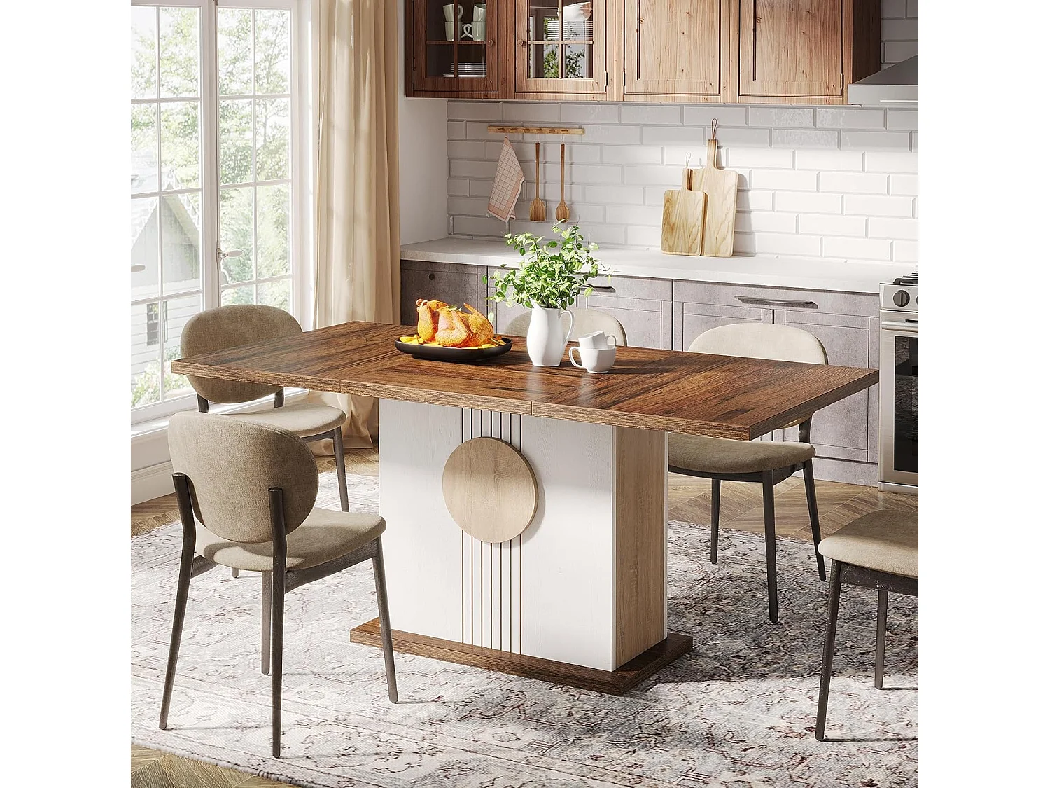 Table à manger rectangulaire en bois de fermier pour 4 à 6 personnes, 140 x 80 cm, chêne et blanc