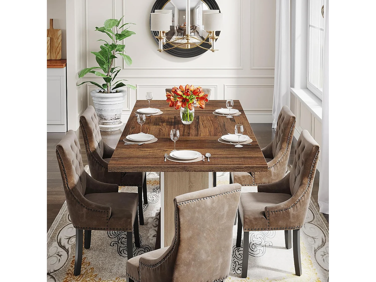 Table à manger rectangulaire en bois de fermier pour 4 à 6 personnes, 140 x 80 cm, chêne et blanc