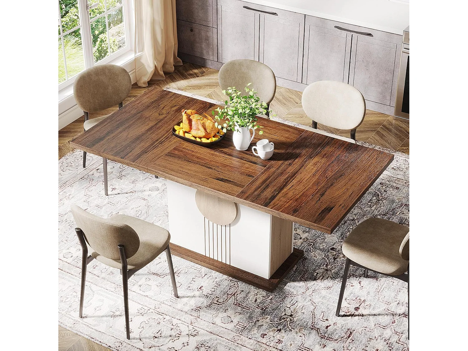 Table à manger rectangulaire en bois de fermier pour 4 à 6 personnes, 140 x 80 cm, chêne et blanc