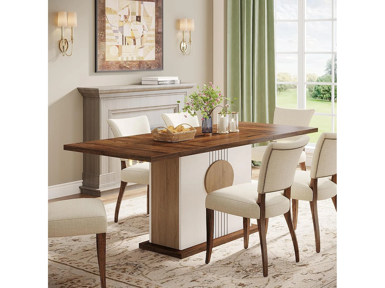 Table à manger rectangulaire en bois de fermier pour 4 à 6 personnes, 140 x 80 cm, chêne et blanc