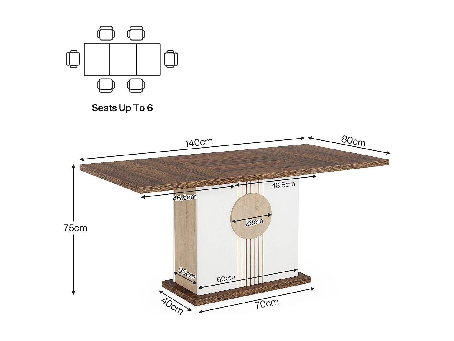 Table à manger rectangulaire en bois de fermier pour 4 à 6 personnes, 140 x 80 cm, chêne et blanc