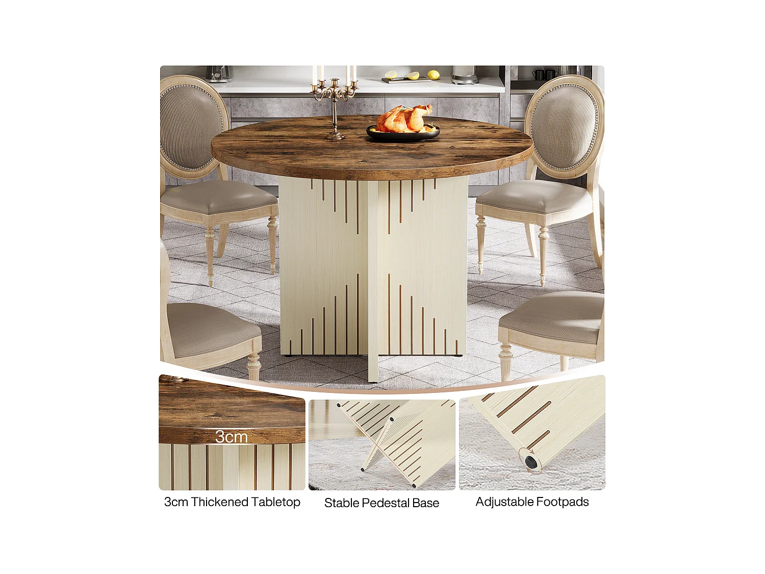 Table de salle à manger ronde pour 4 personnes, table de salle à manger de ferme 100 cm(table uniquement)