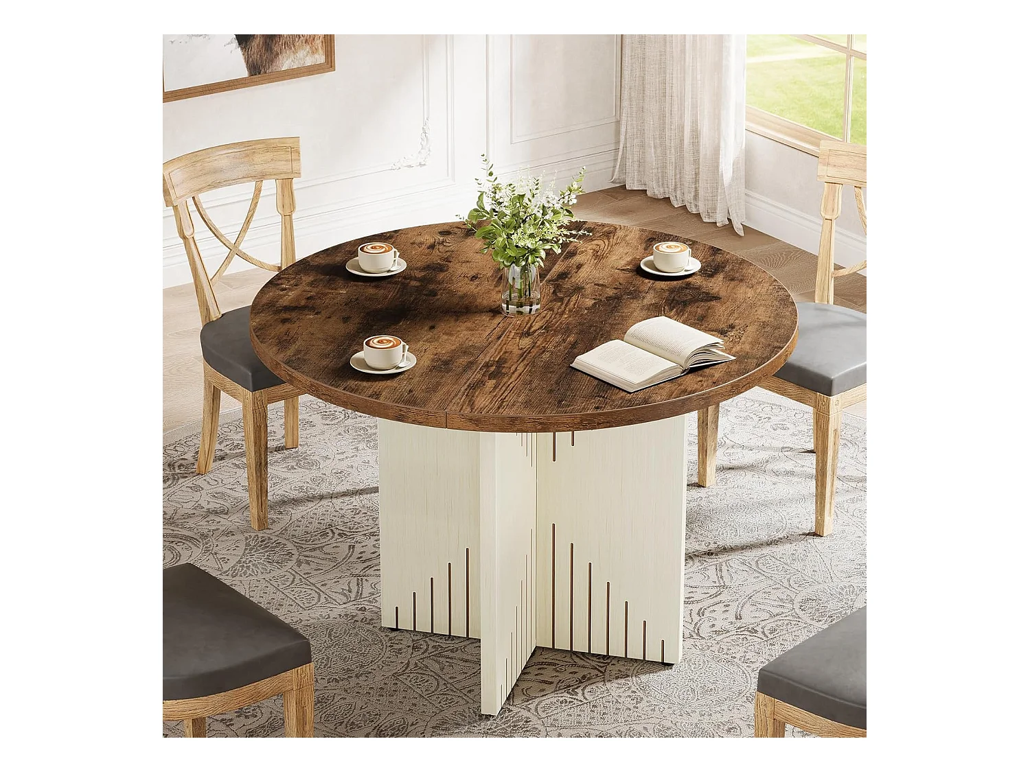 Runde Esstisch für 4 Personen, Bauernstil-Esstisch mit 100 cm Durchmesser (nur der Tisch)