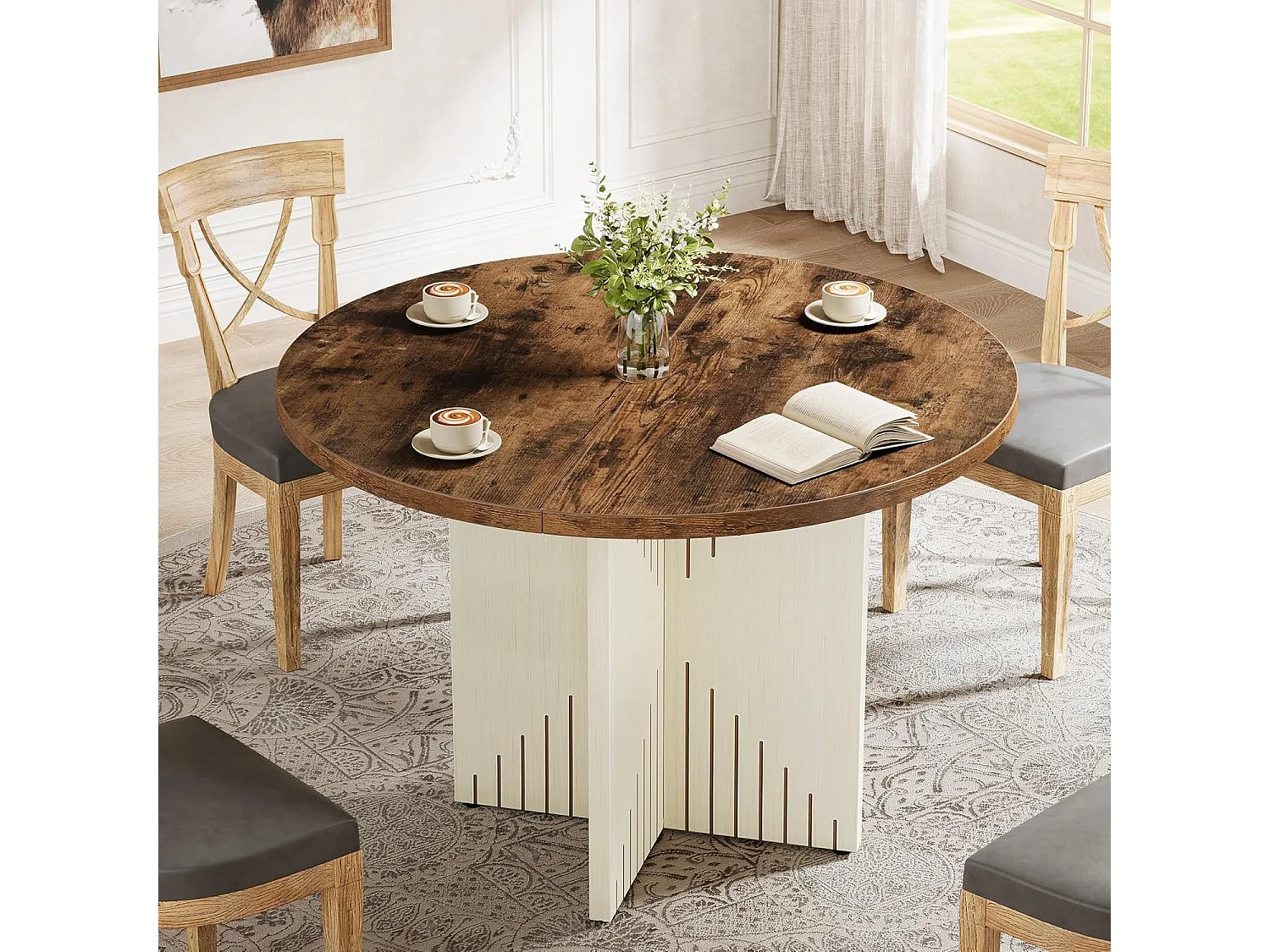 Table de salle à manger ronde pour 4 personnes, table de salle à manger de ferme 100 cm(table uniquement)