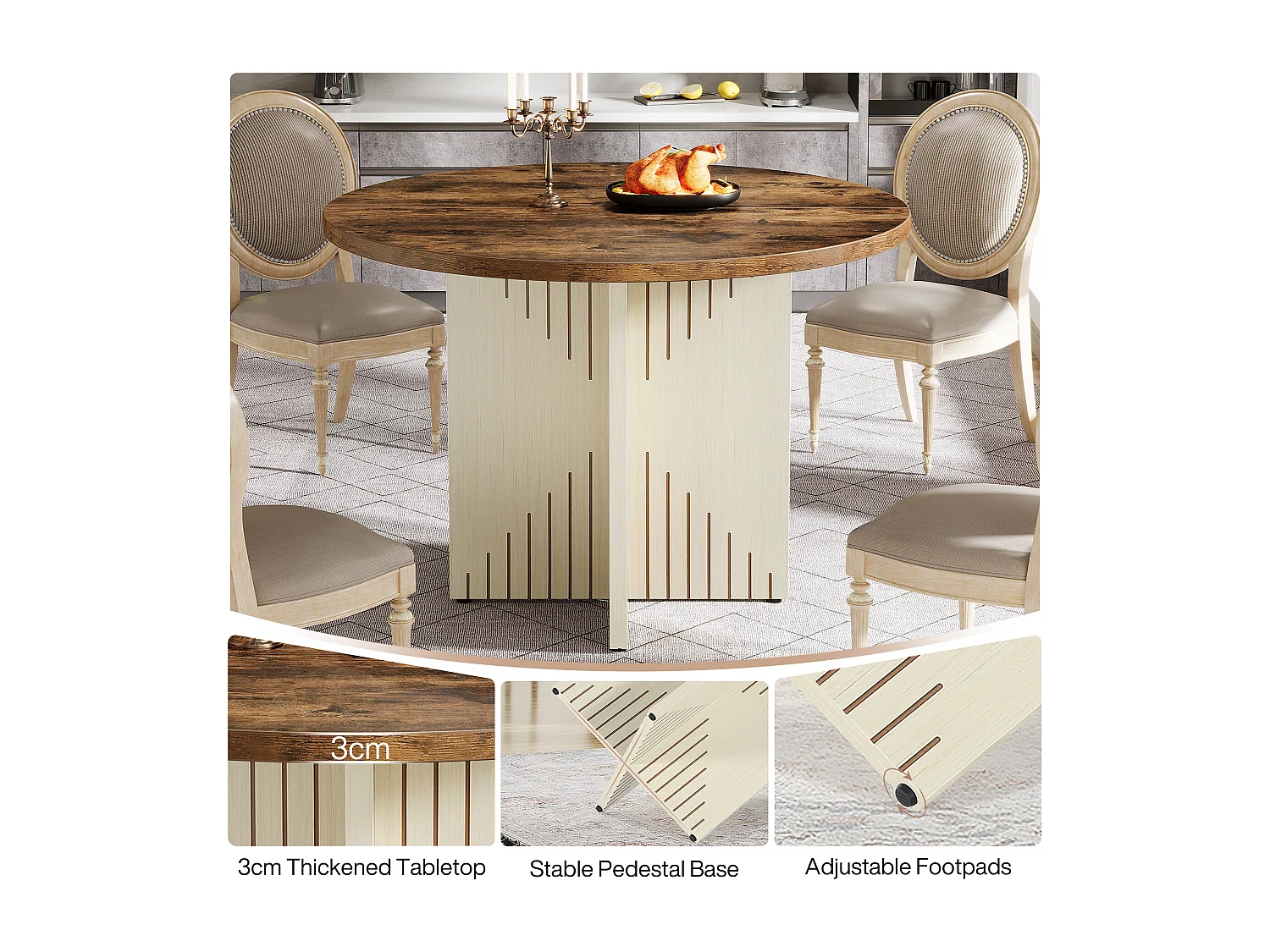 Table de salle à manger ronde pour 4 personnes, table de salle à manger de ferme 100 cm(table uniquement)