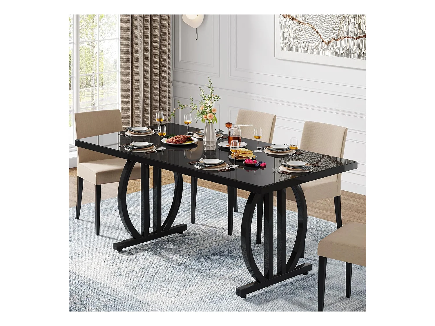 Table à manger pour 4 à 6 personnes, 160 x 80 cm, noire, avec cadre en métal lourd, rectangulaire