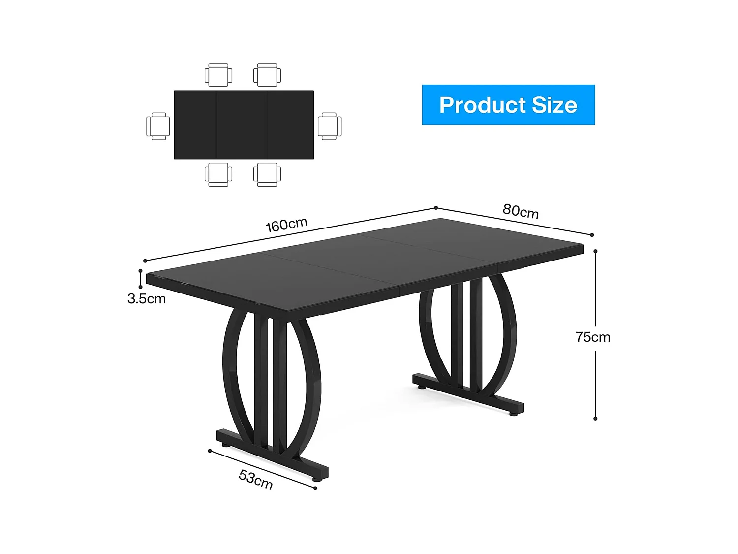 Table à manger pour 4 à 6 personnes, 160 x 80 cm, noire, avec cadre en métal lourd, rectangulaire