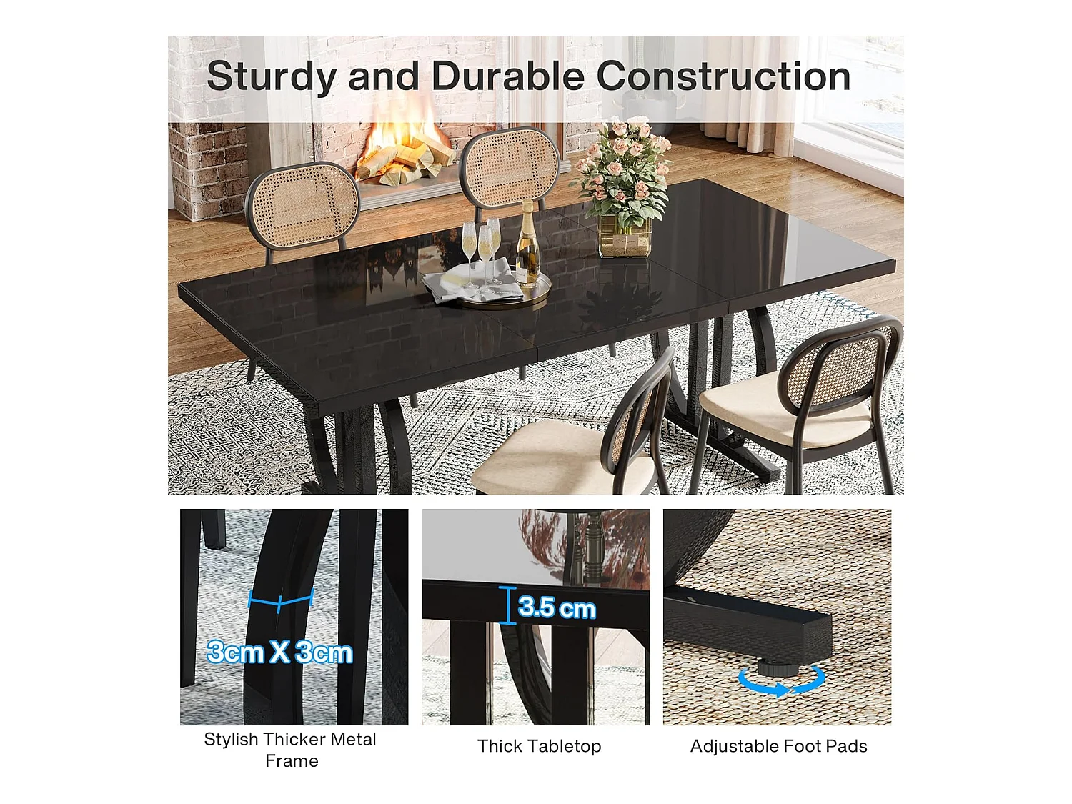 Table à manger pour 4 à 6 personnes, 160 x 80 cm, noire, avec cadre en métal lourd, rectangulaire