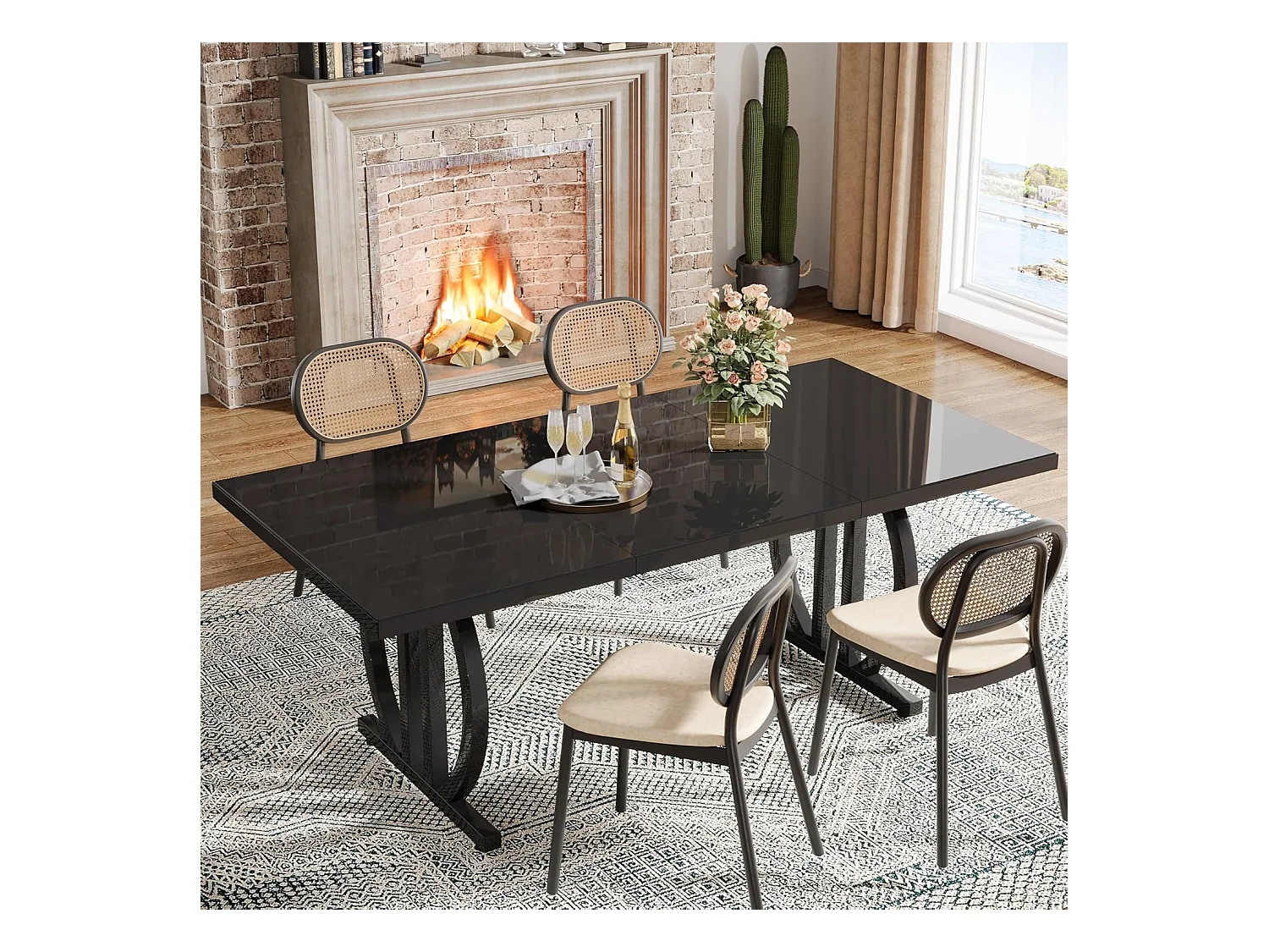 Table à manger pour 4 à 6 personnes, 160 x 80 cm, noire, avec cadre en métal lourd, rectangulaire