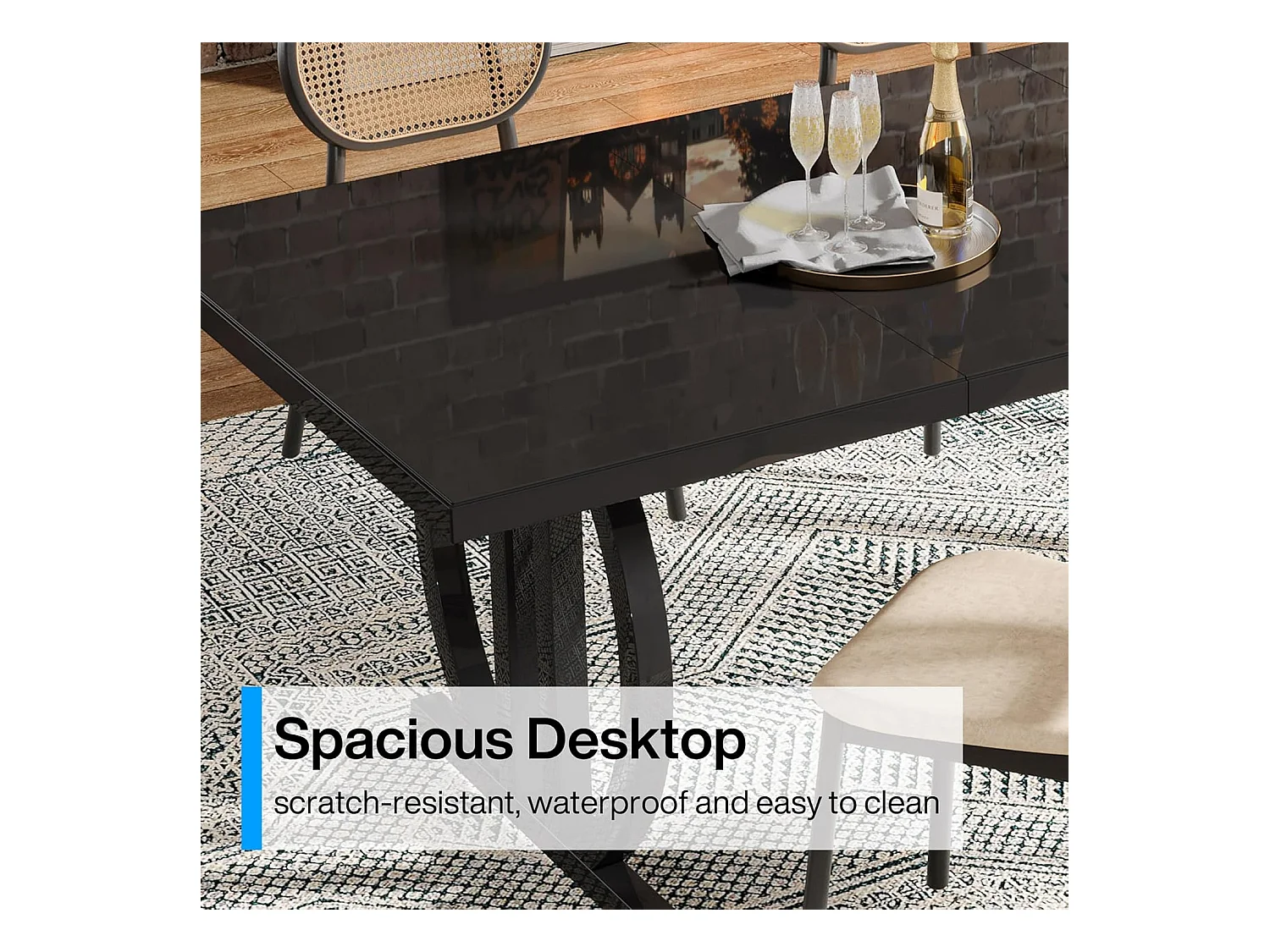 Table à manger pour 4 à 6 personnes, 160 x 80 cm, noire, avec cadre en métal lourd, rectangulaire