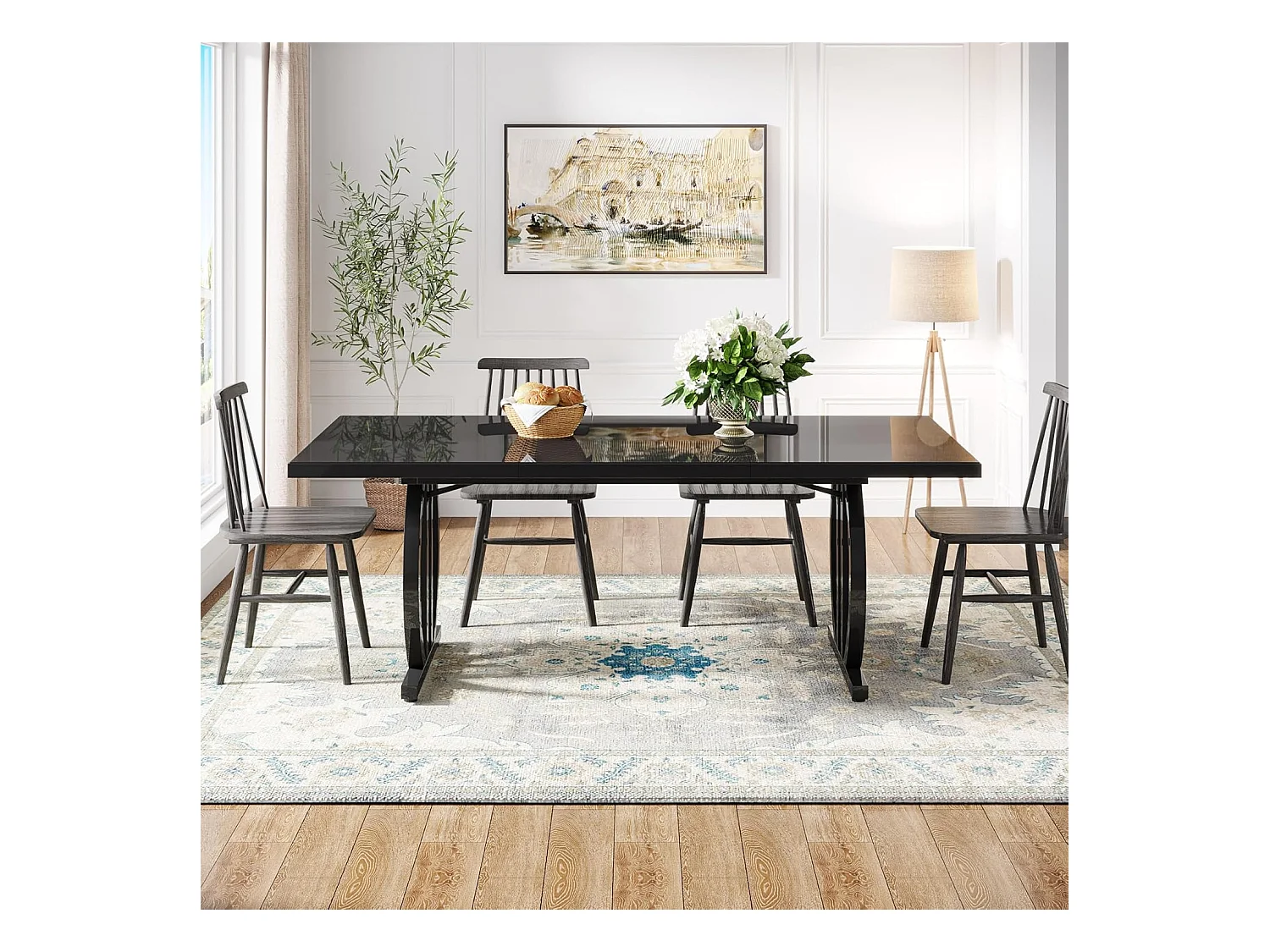 Table à manger pour 4 à 6 personnes, 160 x 80 cm, noire, avec cadre en métal lourd, rectangulaire