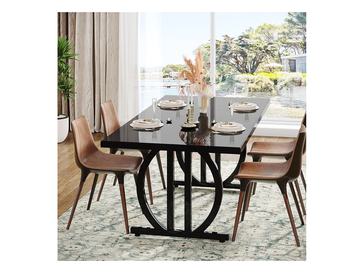 Table à manger pour 4 à 6 personnes, 160 x 80 cm, noire, avec cadre en métal lourd, rectangulaire