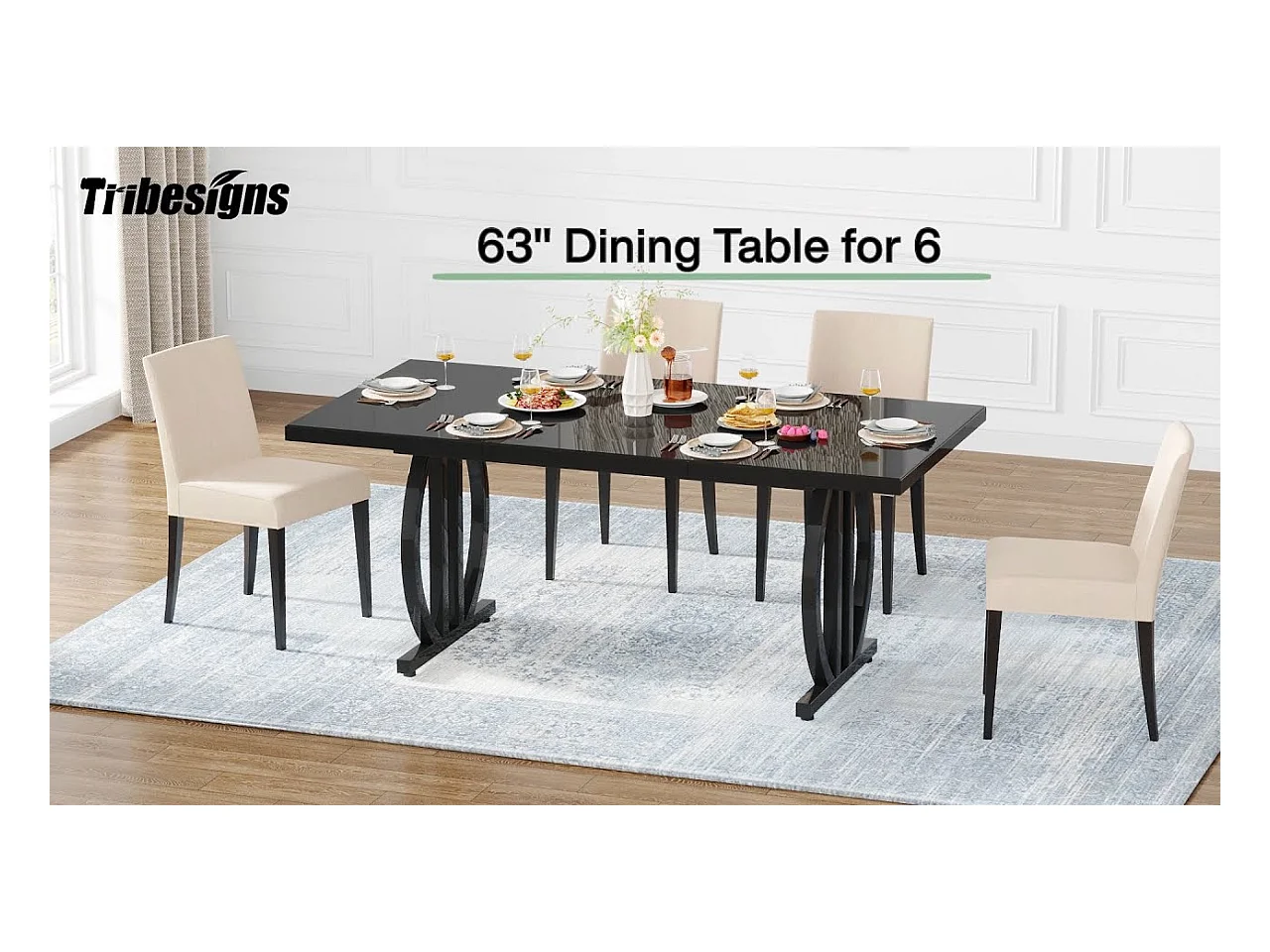 Table à manger pour 4 à 6 personnes, 160 x 80 cm, noire, avec cadre en métal lourd, rectangulaire