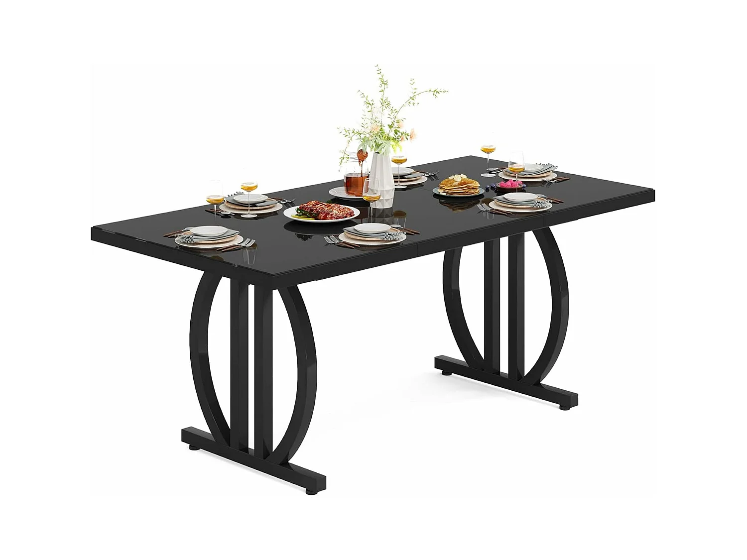 Table à manger pour 4 à 6 personnes, 160 x 80 cm, noire, avec cadre en métal lourd, rectangulaire