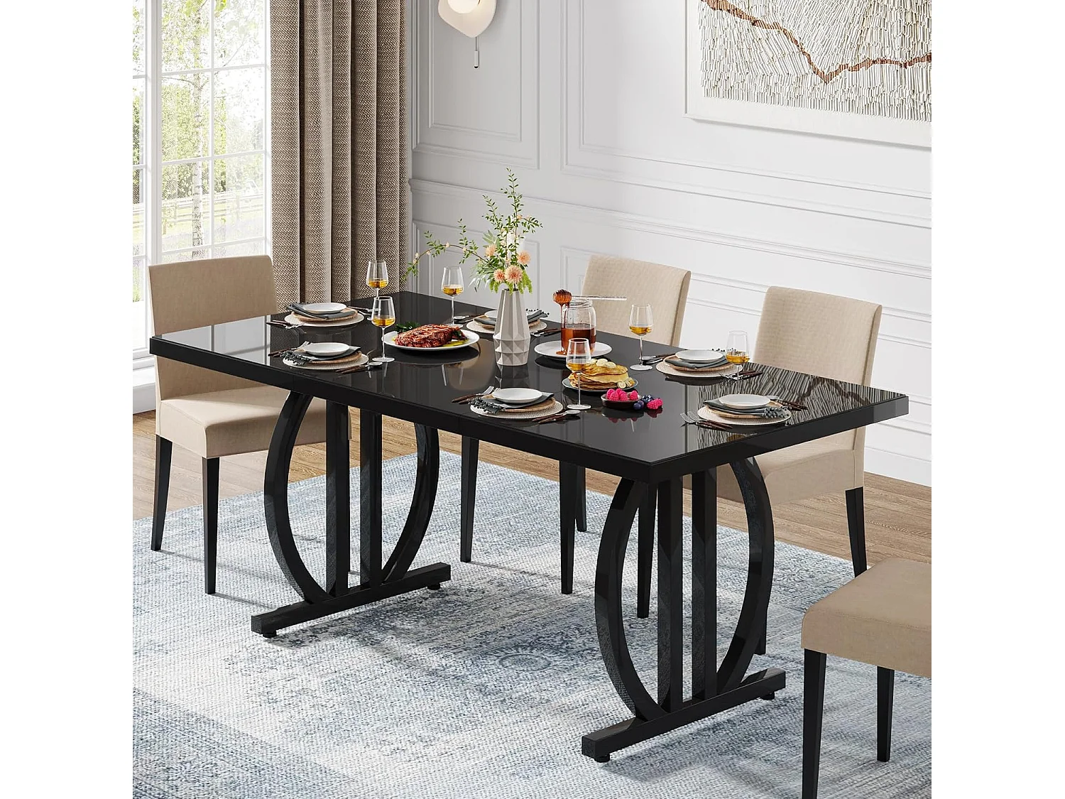 Stół jadalny dla 4-6 osób, 160 x 80 cm, czarny, z ciężką metalową ramą, prostokątny