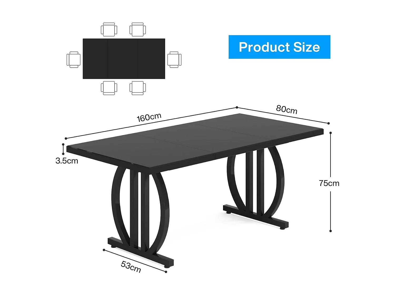 Stół jadalny dla 4-6 osób, 160 x 80 cm, czarny, z ciężką metalową ramą, prostokątny