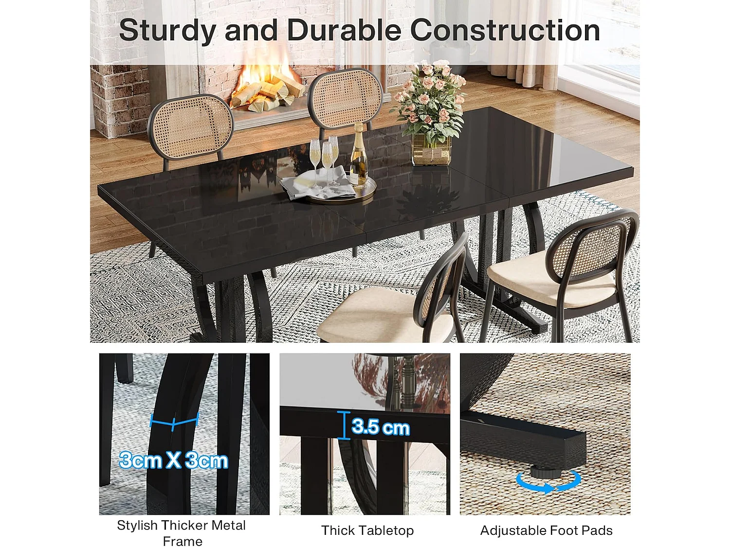 Stół jadalny dla 4-6 osób, 160 x 80 cm, czarny, z ciężką metalową ramą, prostokątny