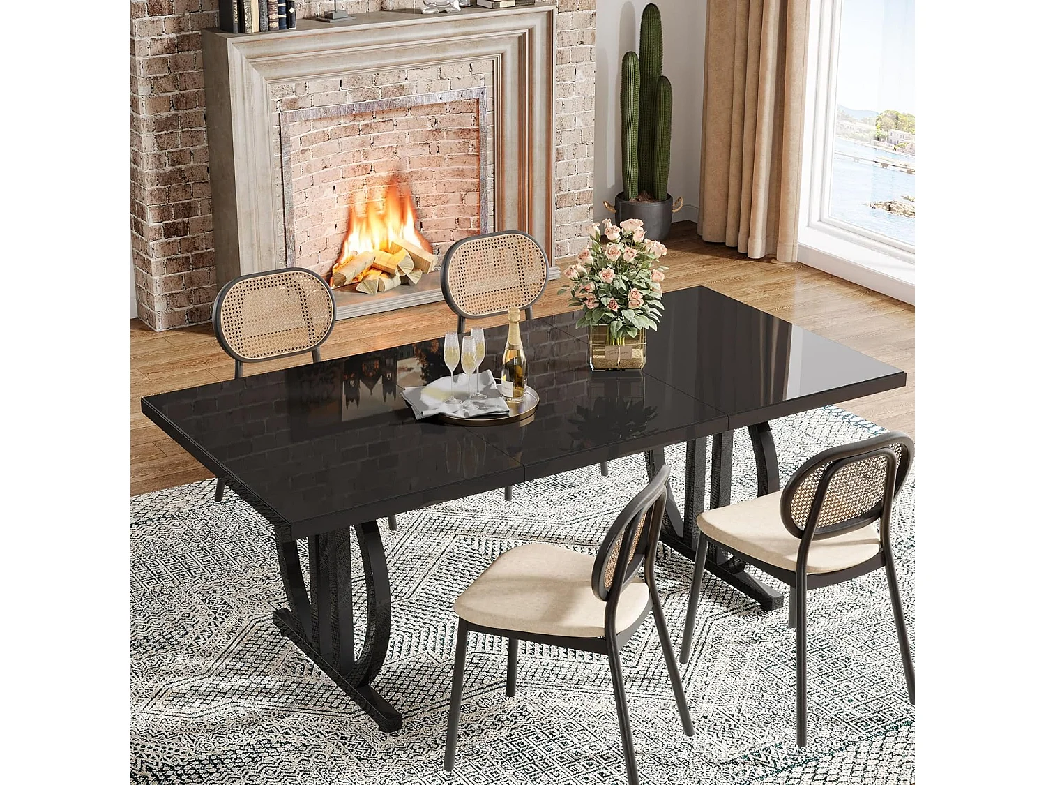 Stół jadalny dla 4-6 osób, 160 x 80 cm, czarny, z ciężką metalową ramą, prostokątny