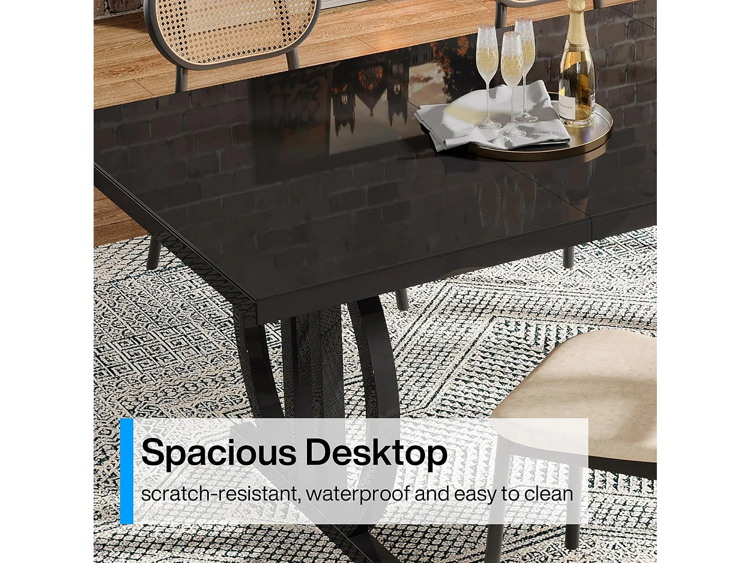 Stół jadalny dla 4-6 osób, 160 x 80 cm, czarny, z ciężką metalową ramą, prostokątny