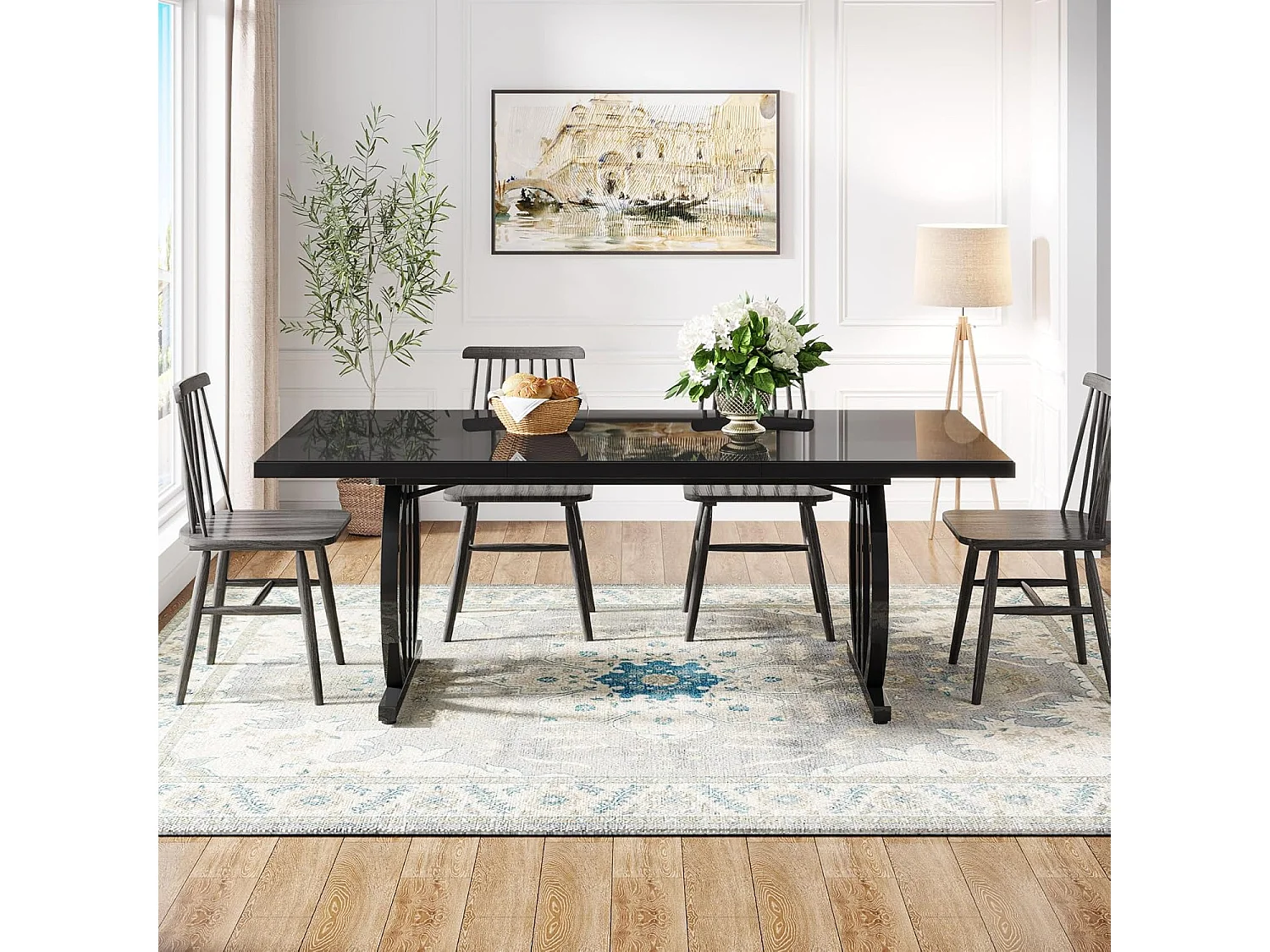 Stół jadalny dla 4-6 osób, 160 x 80 cm, czarny, z ciężką metalową ramą, prostokątny