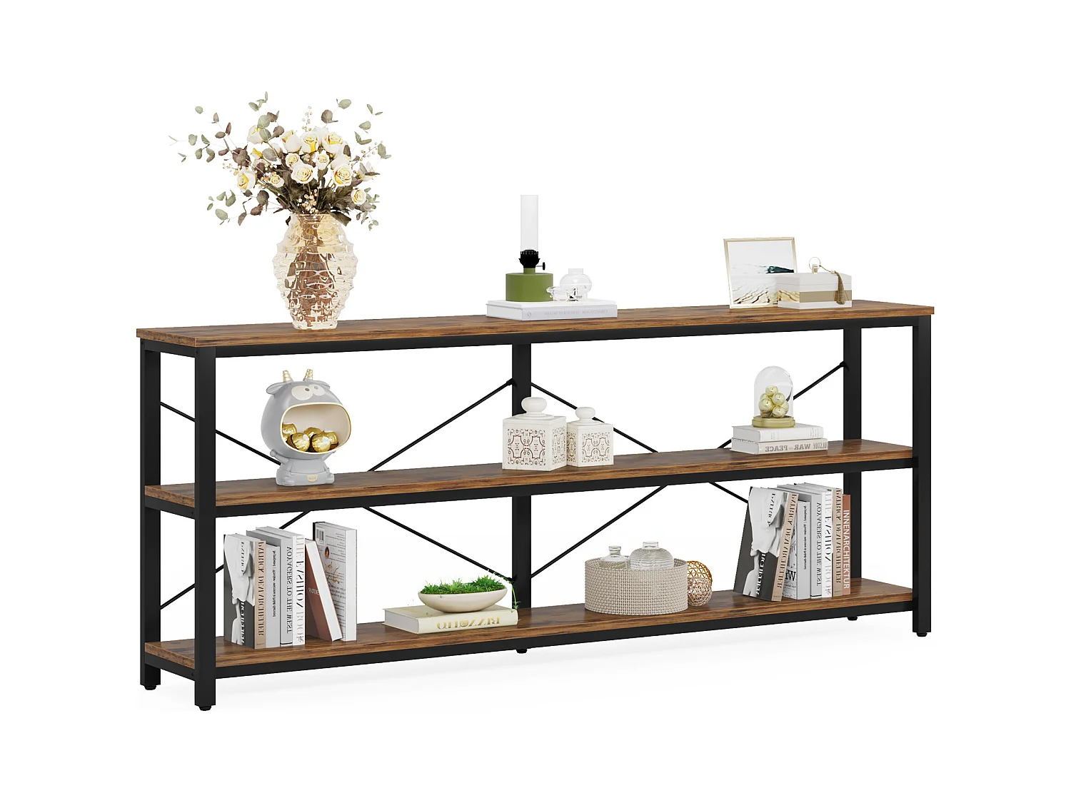 Mesa de consola de 180 cm, Mesa de sofá de 3 niveles de estilo industrial con marco de metal
