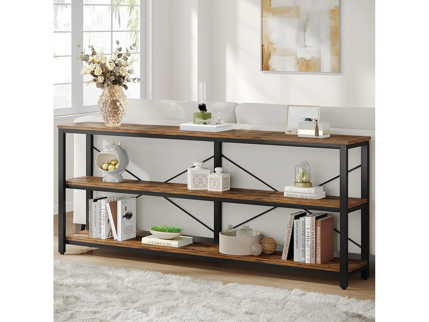 Consoletafel van 180 cm, industriële stijl, 3-laags salontafel met metalen frame