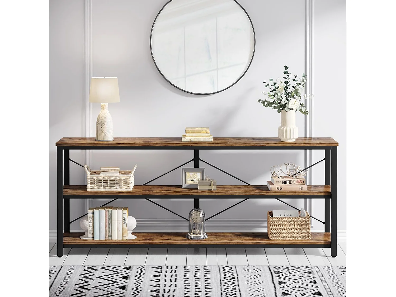 Consoletafel van 180 cm, industriële stijl, 3-laags salontafel met metalen frame