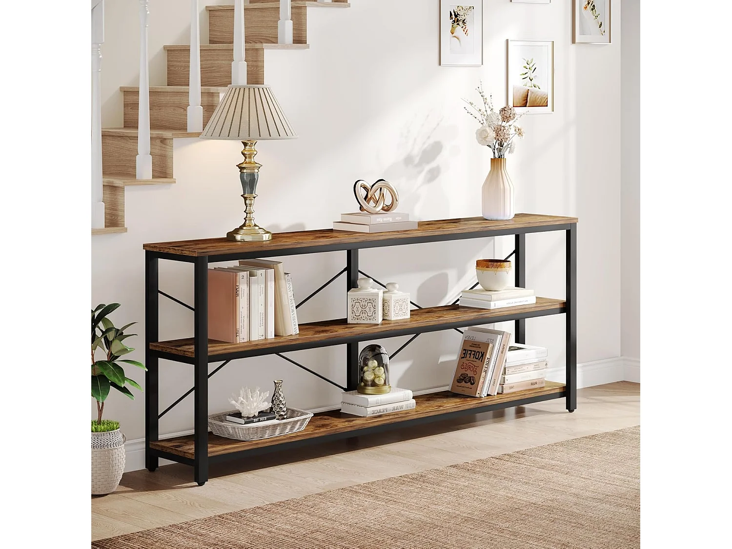 Consoletafel van 180 cm, industriële stijl, 3-laags salontafel met metalen frame