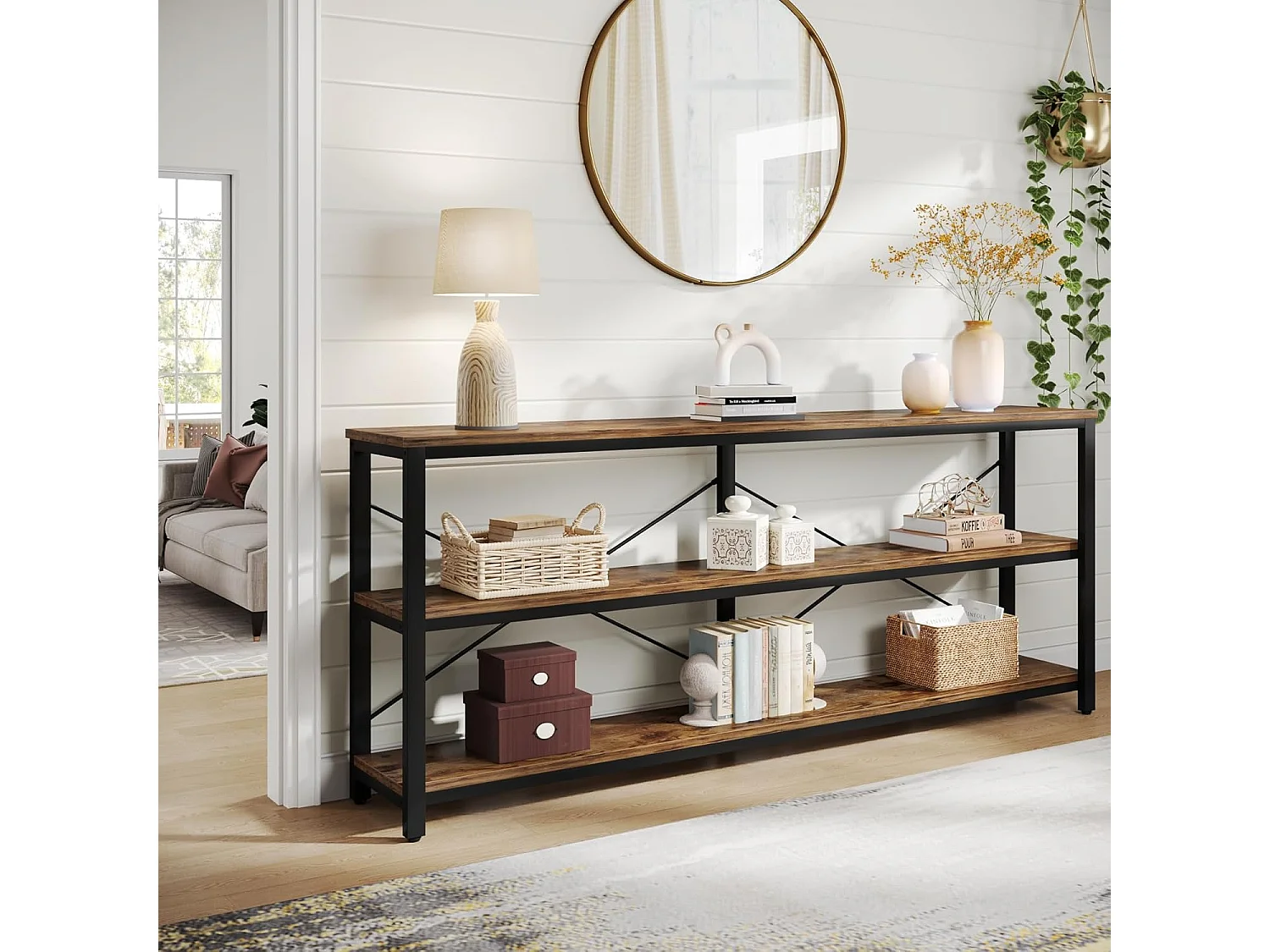 Consoletafel van 180 cm, industriële stijl, 3-laags salontafel met metalen frame