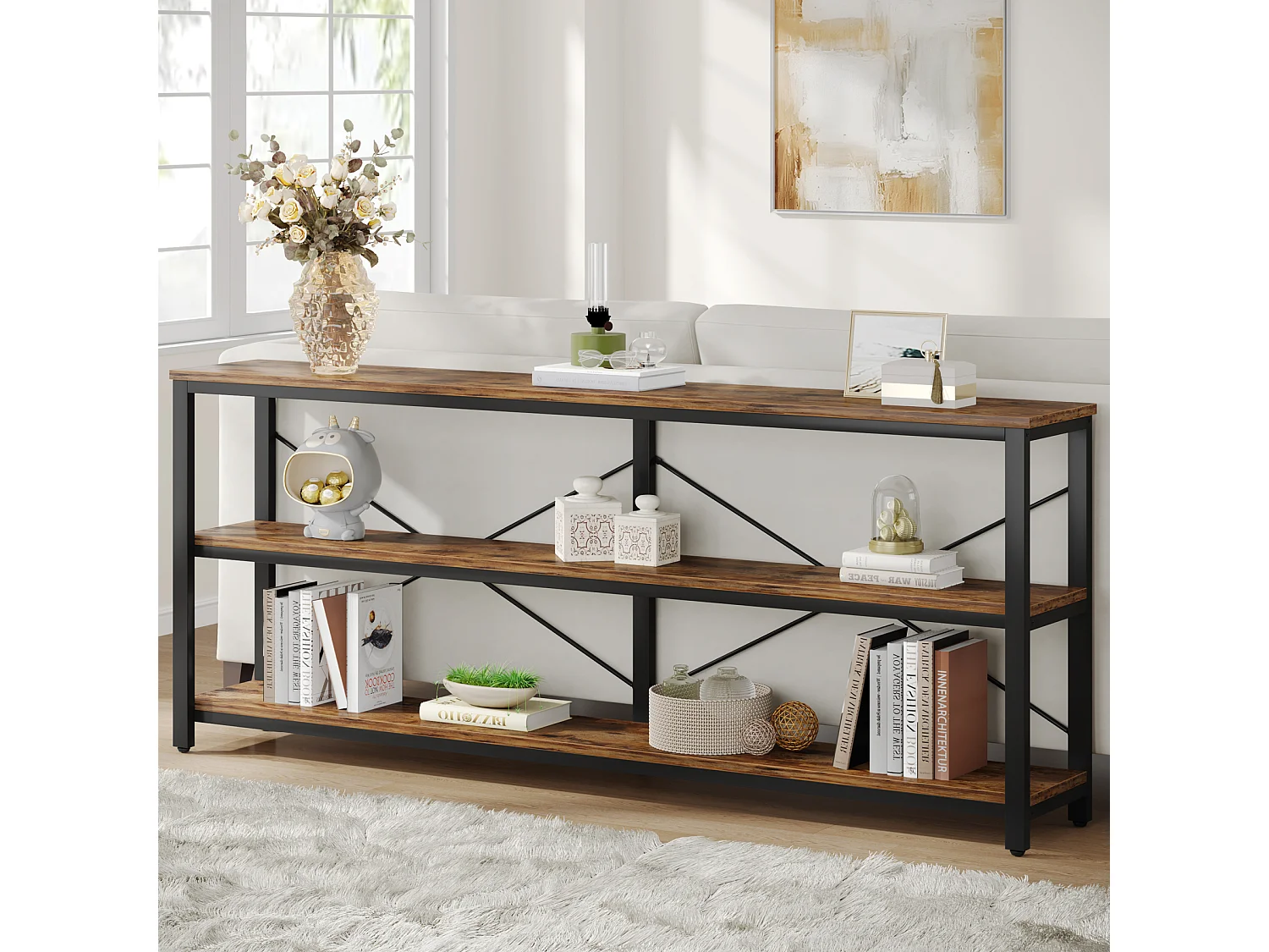 Consoletafel van 180 cm, industriële stijl, 3-laags salontafel met metalen frame