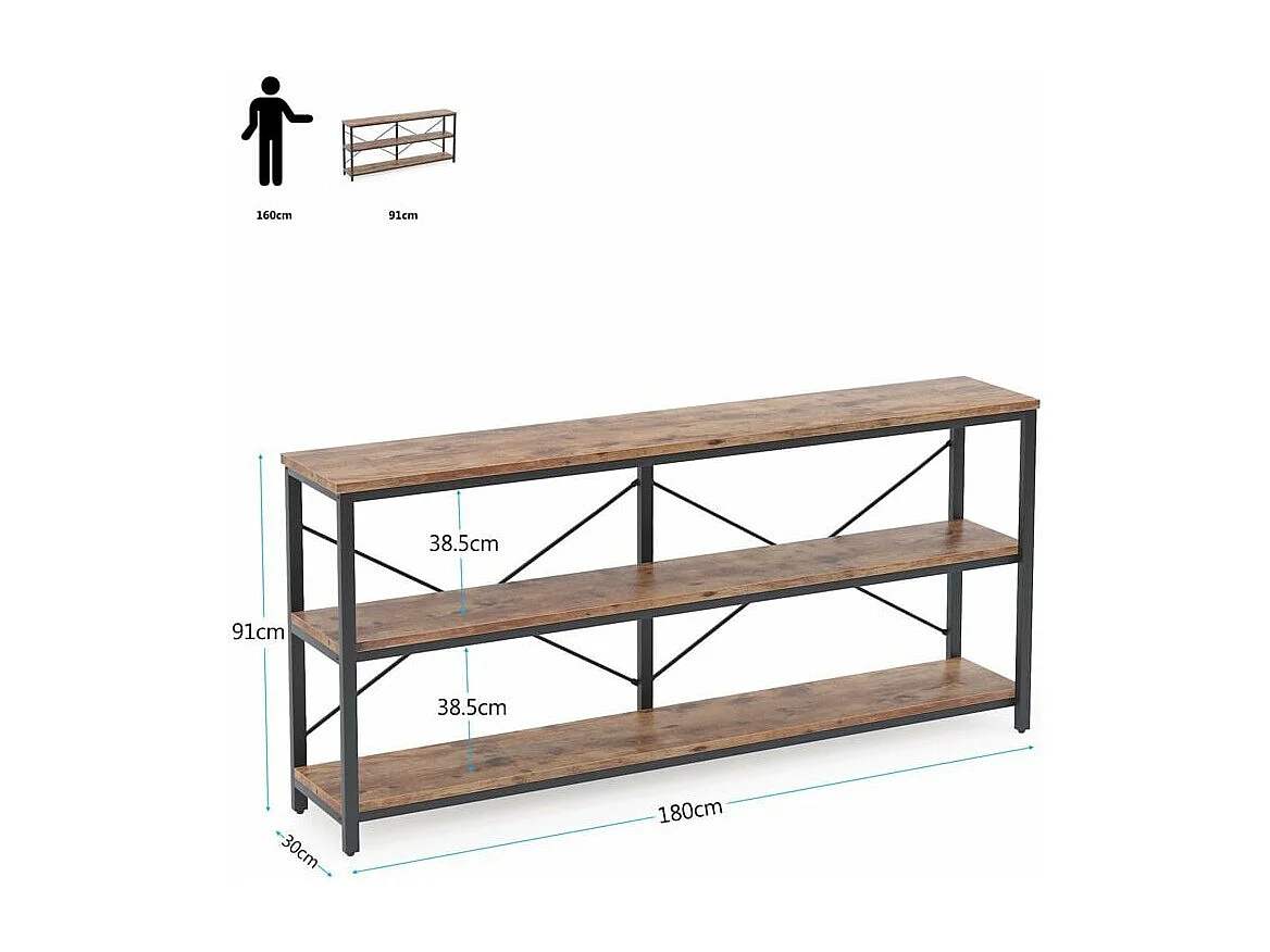 Consoletafel van 180 cm, industriële stijl, 3-laags salontafel met metalen frame