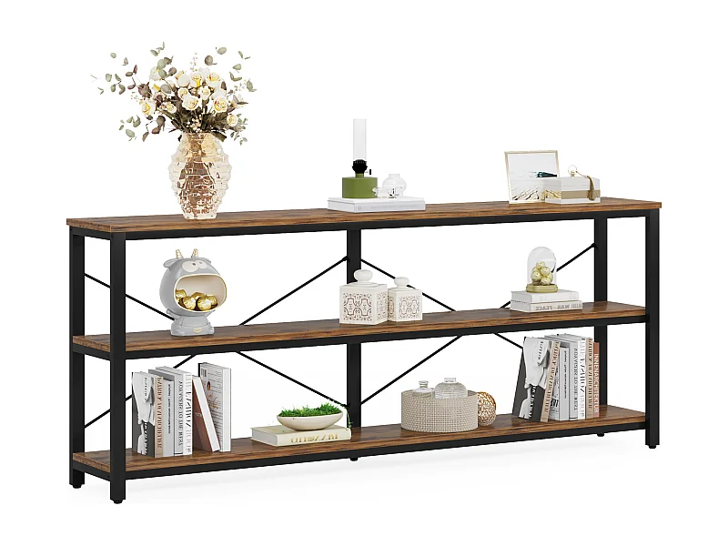 Table Console 180 cm, Table de canapé à 3 Niveaux de Style Industriel avec Cadre en métal