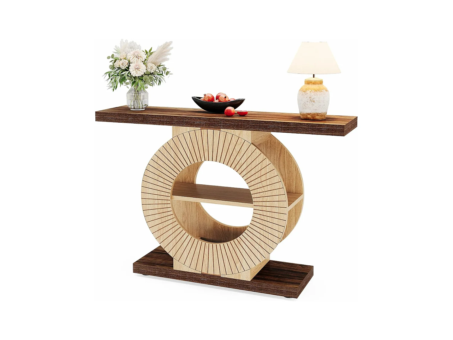 100 cm Table console avec rangement - Table d'entrée en bois pour salon, Avec étagères et base circulaire