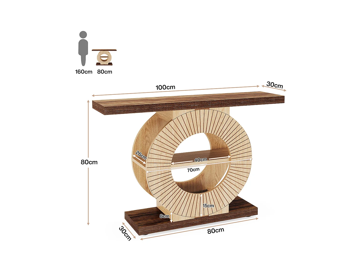 100 cm Table console avec rangement - Table d'entrée en bois pour salon, Avec étagères et base circulaire