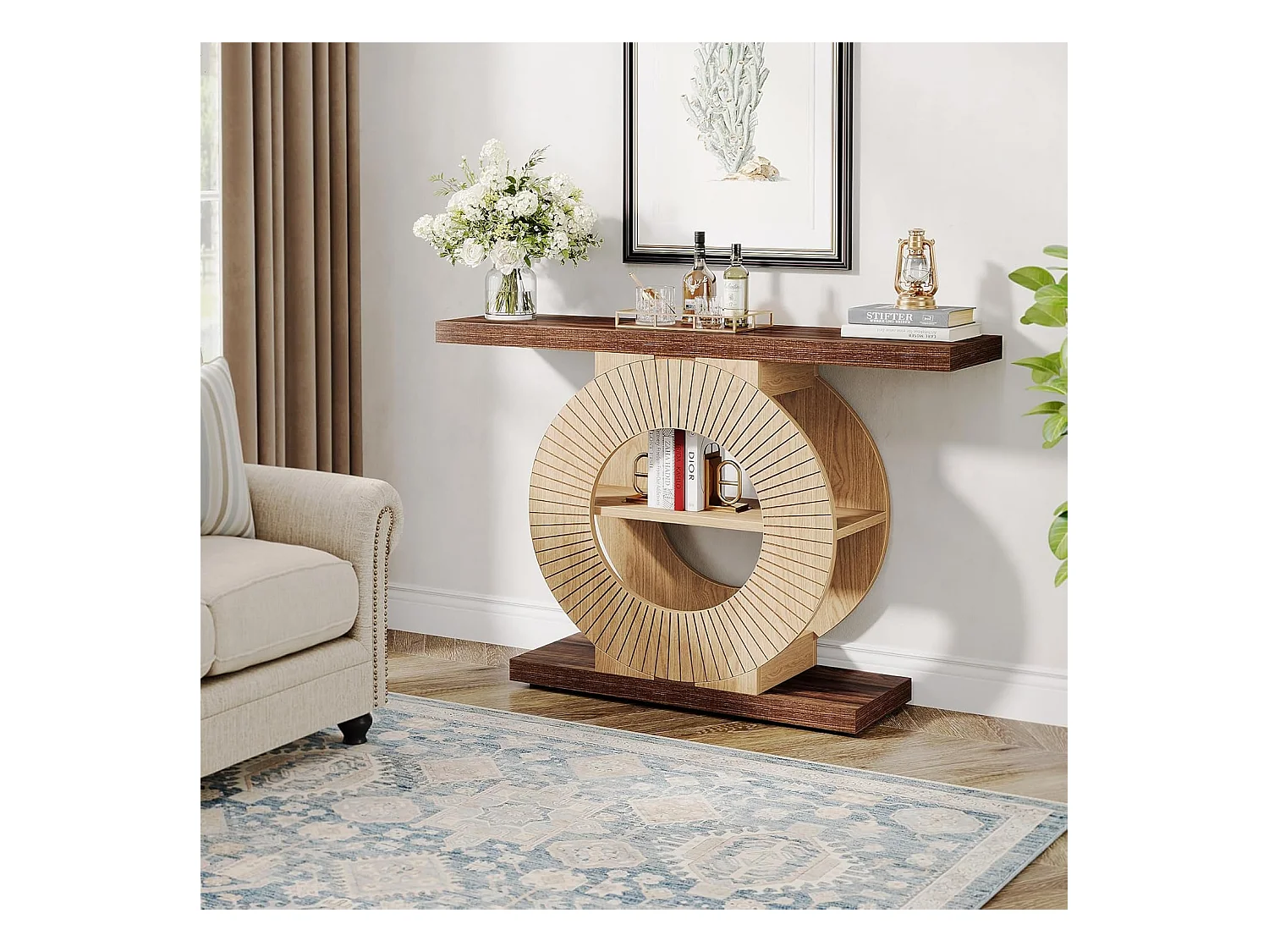 100 cm Table console avec rangement - Table d'entrée en bois pour salon, Avec étagères et base circulaire