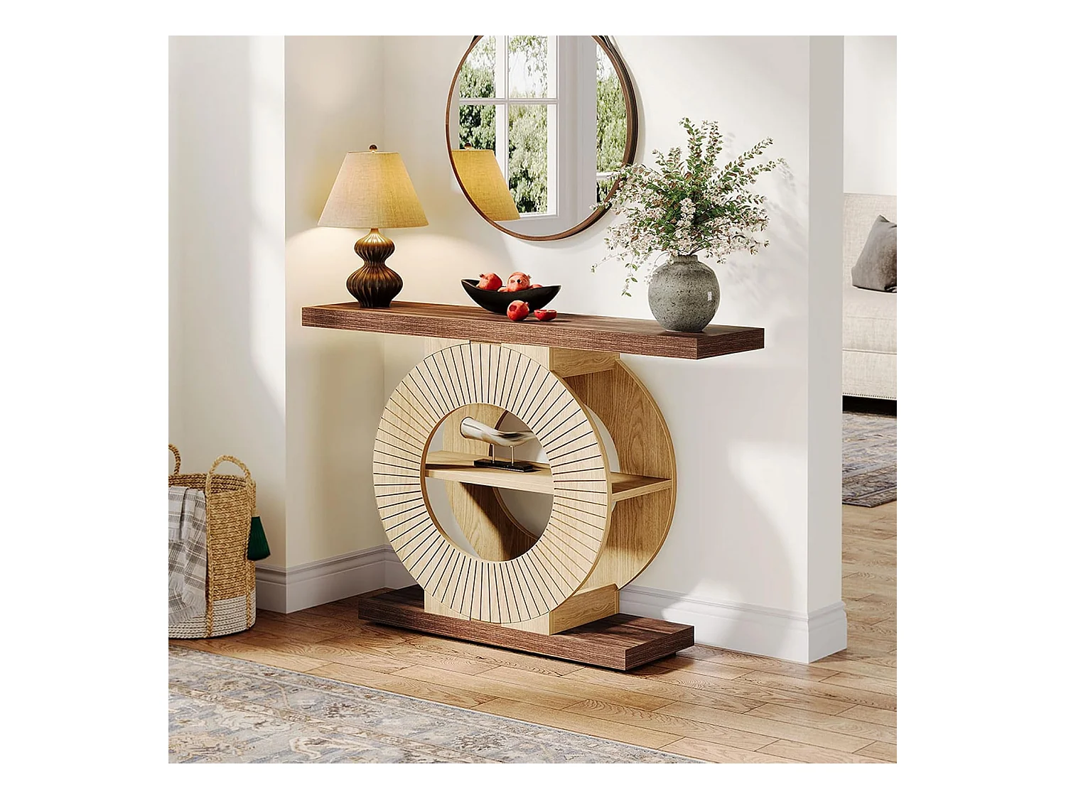 100 cm Table console avec rangement - Table d'entrée en bois pour salon, Avec étagères et base circulaire