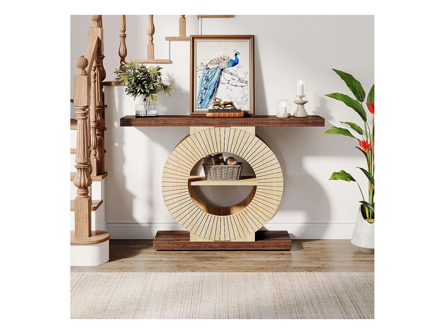 100 cm Table console avec rangement - Table d'entrée en bois pour salon, Avec étagères et base circulaire