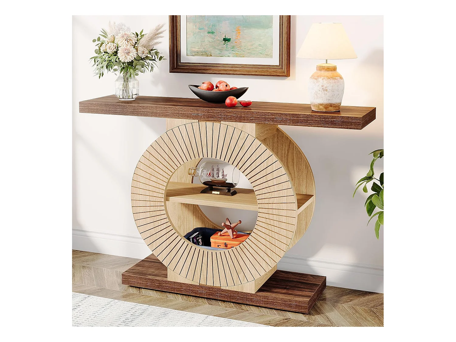 100 cm Table console avec rangement - Table d'entrée en bois pour salon, Avec étagères et base circulaire