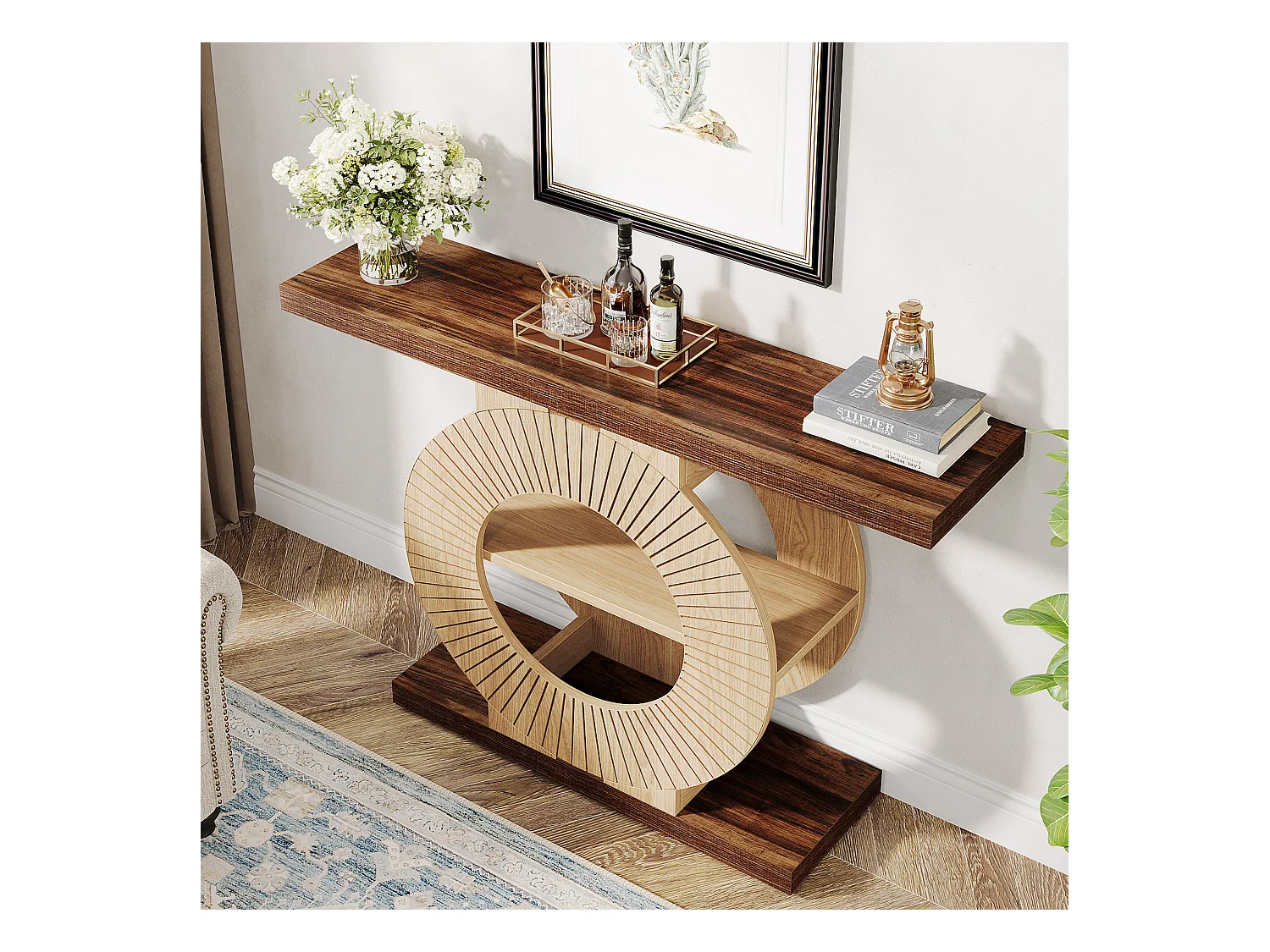 100 cm Table console avec rangement - Table d'entrée en bois pour salon, Avec étagères et base circulaire