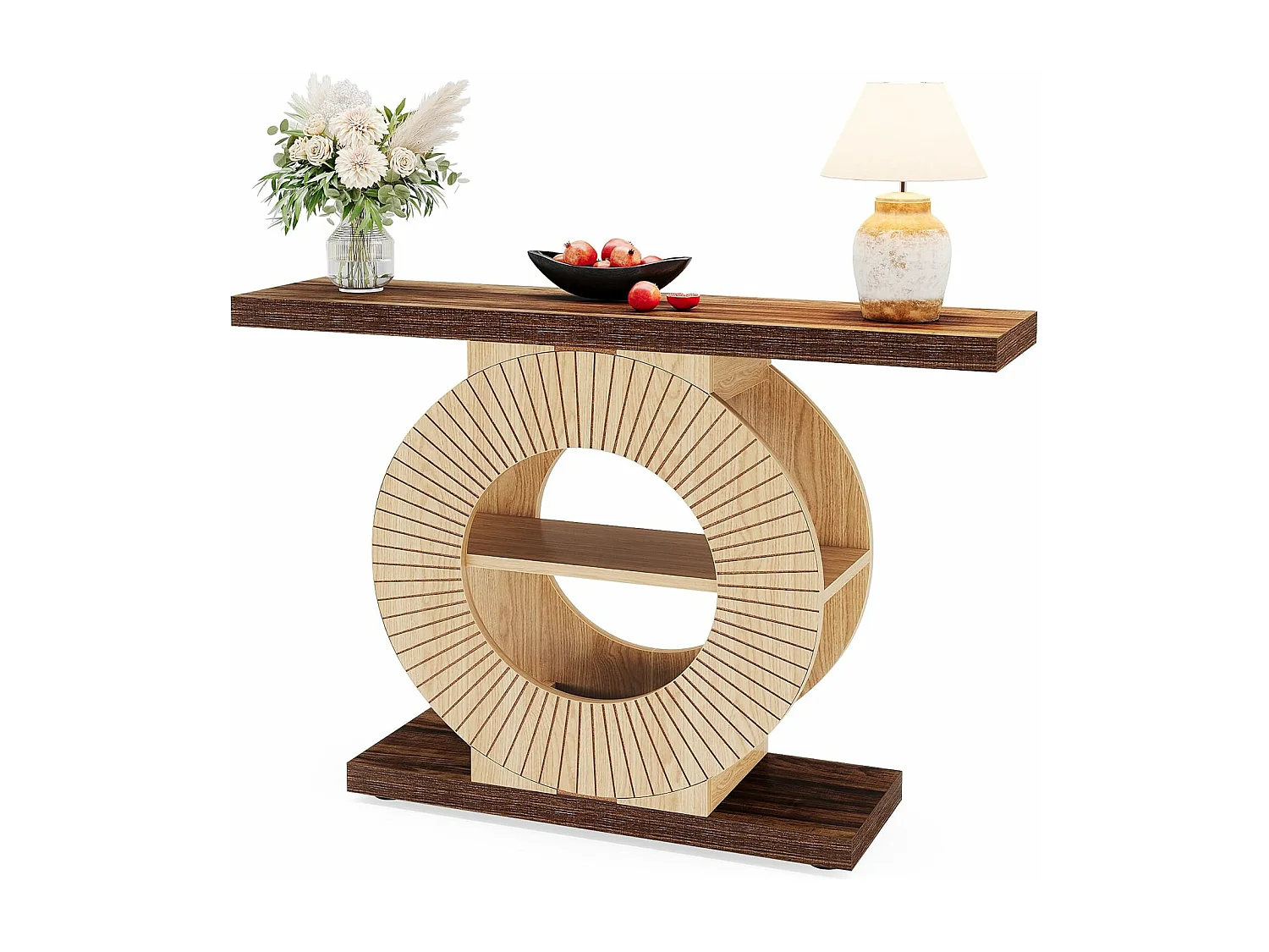 100 cm Table console avec rangement - Table d'entrée en bois pour salon, Avec étagères et base circulaire