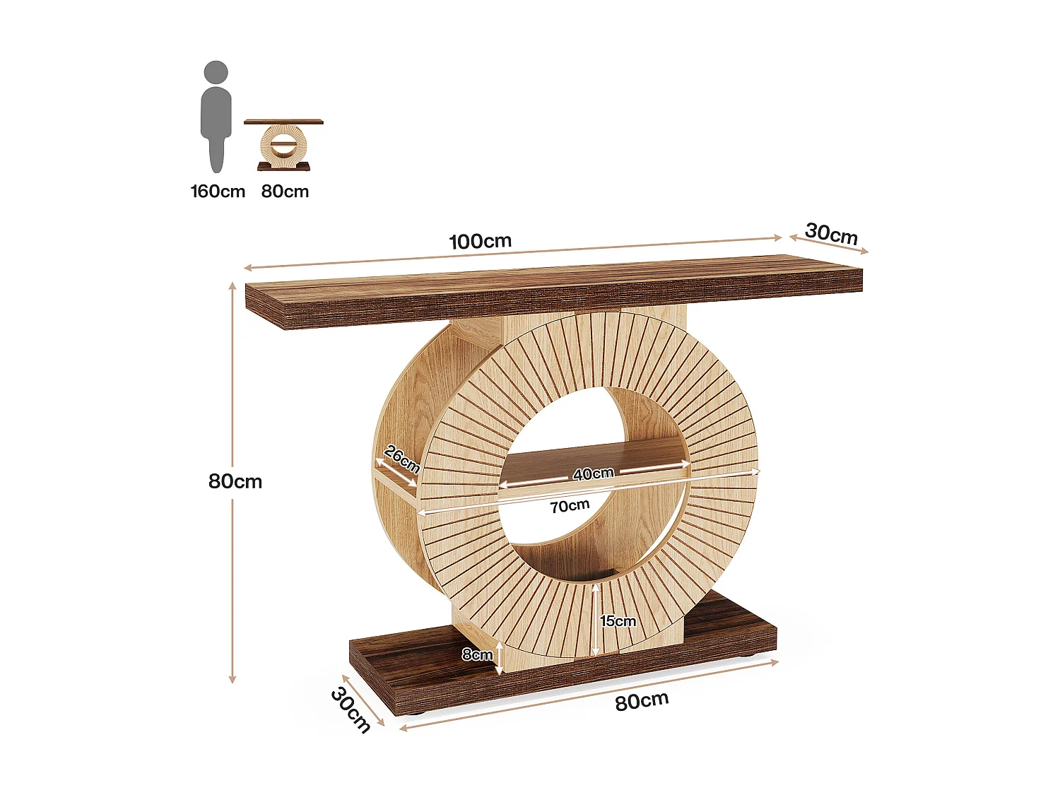 100 cm Table console avec rangement - Table d'entrée en bois pour salon, Avec étagères et base circulaire
