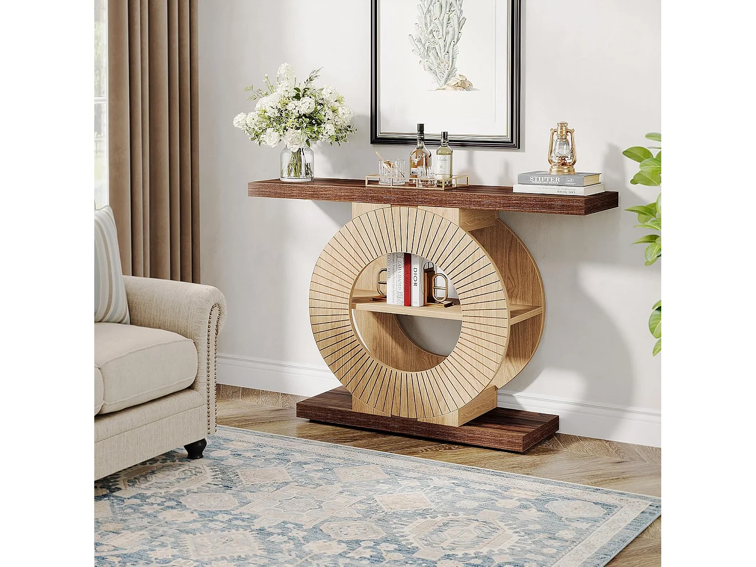 100 cm Table console avec rangement - Table d'entrée en bois pour salon, Avec étagères et base circulaire