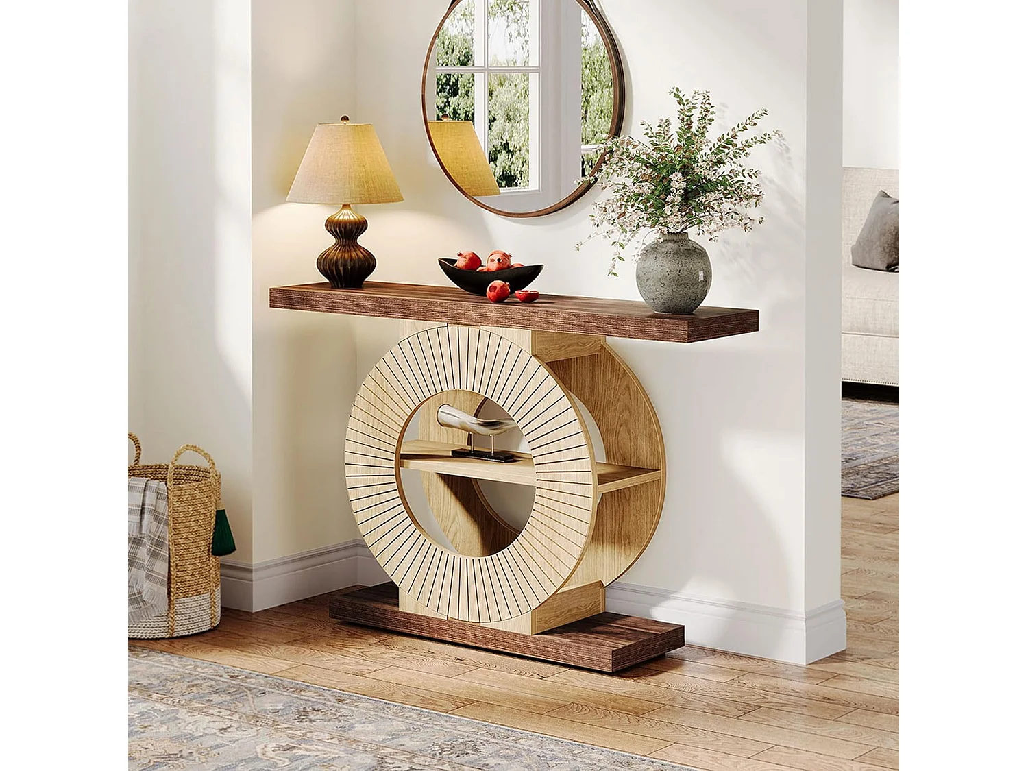 100 cm Table console avec rangement - Table d'entrée en bois pour salon, Avec étagères et base circulaire