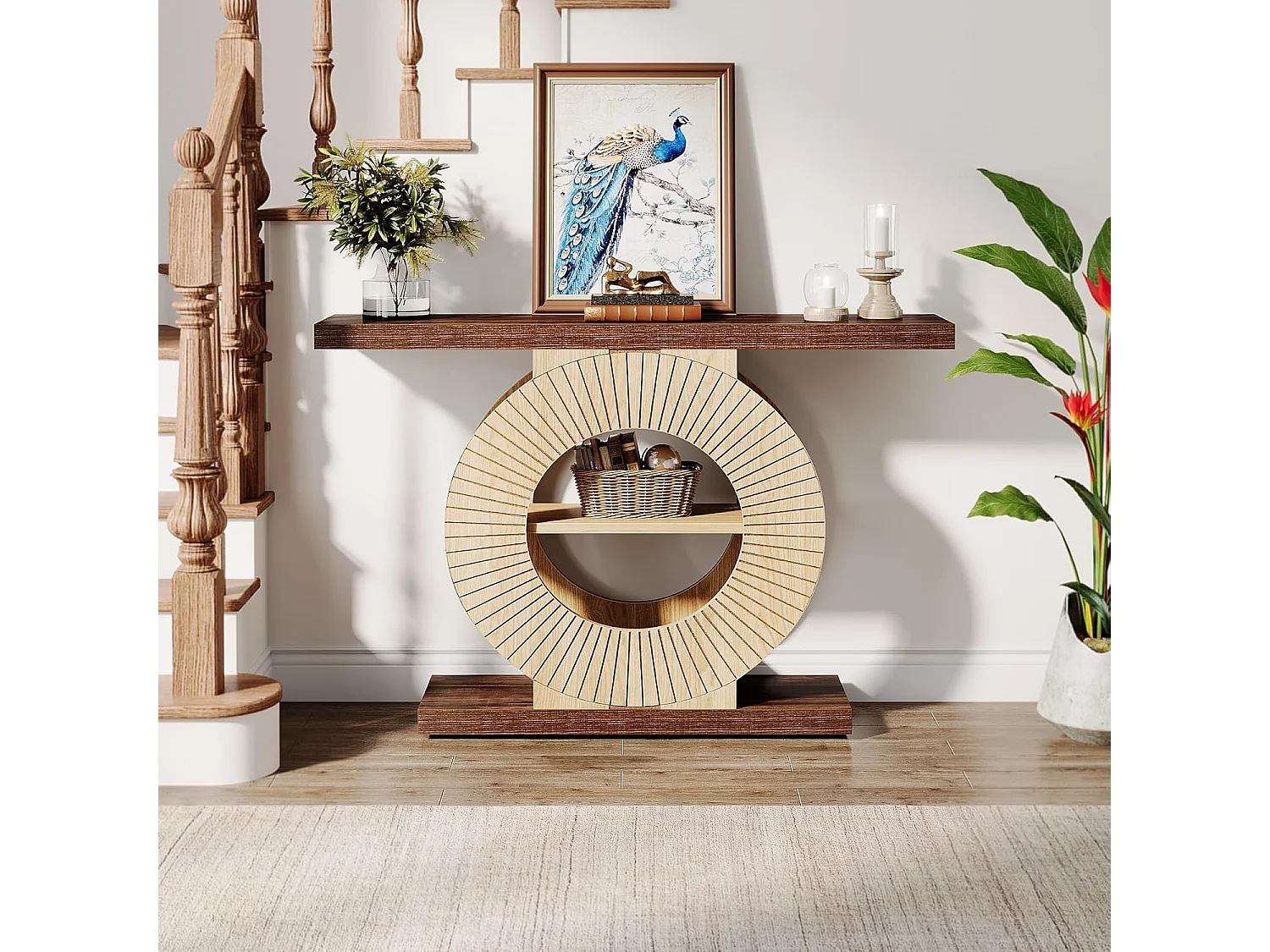 100 cm Table console avec rangement - Table d'entrée en bois pour salon, Avec étagères et base circulaire