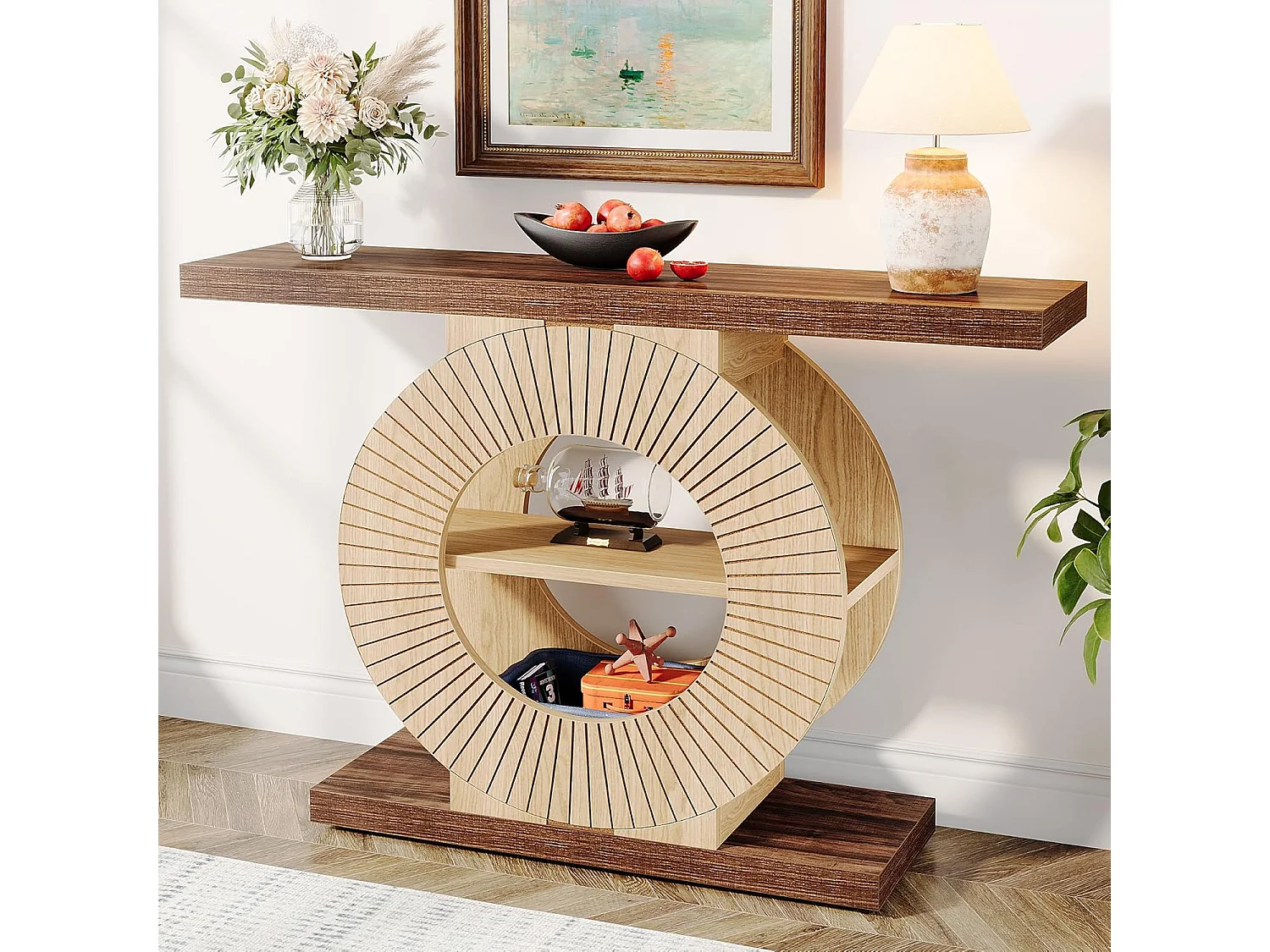 100 cm Table console avec rangement - Table d'entrée en bois pour salon, Avec étagères et base circulaire