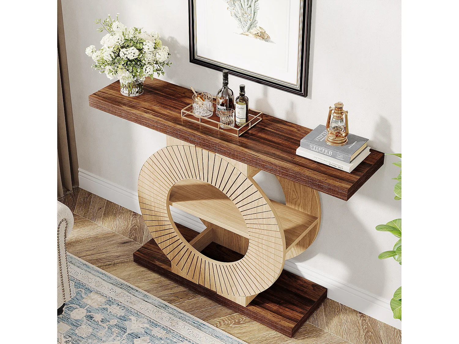 100 cm Table console avec rangement - Table d'entrée en bois pour salon, Avec étagères et base circulaire