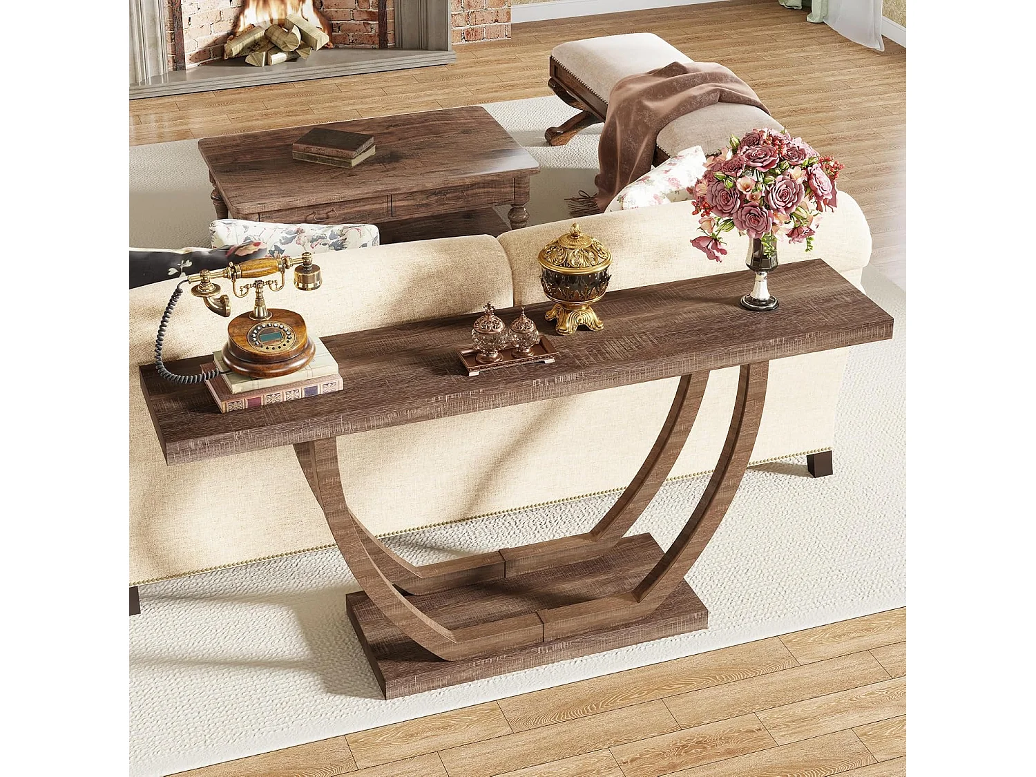 Consoletafel voor in de hal, 140 cm, lange smalle salontafel voor achter de bank voor in de hal, hal, woonkamer, bruin