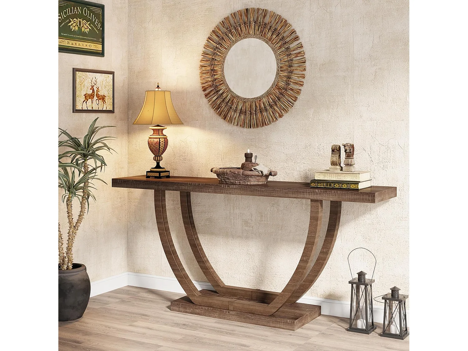 Consoletafel voor in de hal, 140 cm, lange smalle salontafel voor achter de bank voor in de hal, hal, woonkamer, bruin