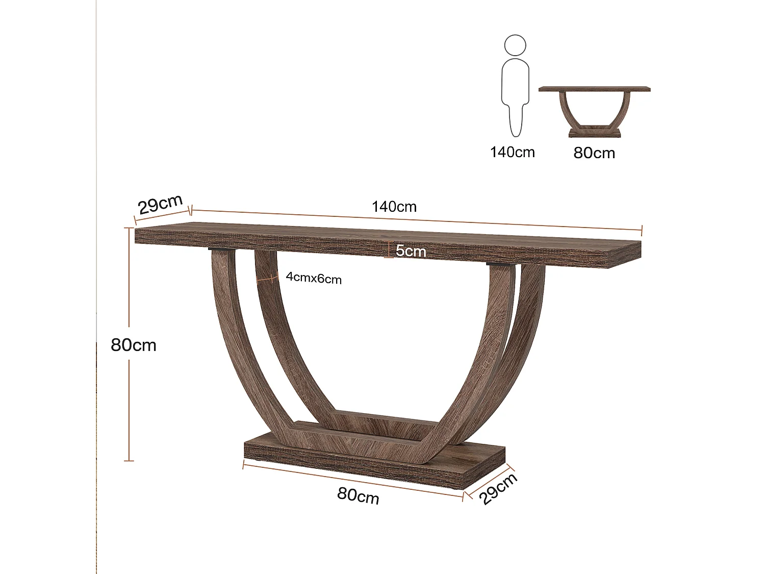 Consoletafel voor in de hal, 140 cm, lange smalle salontafel voor achter de bank voor in de hal, hal, woonkamer, bruin