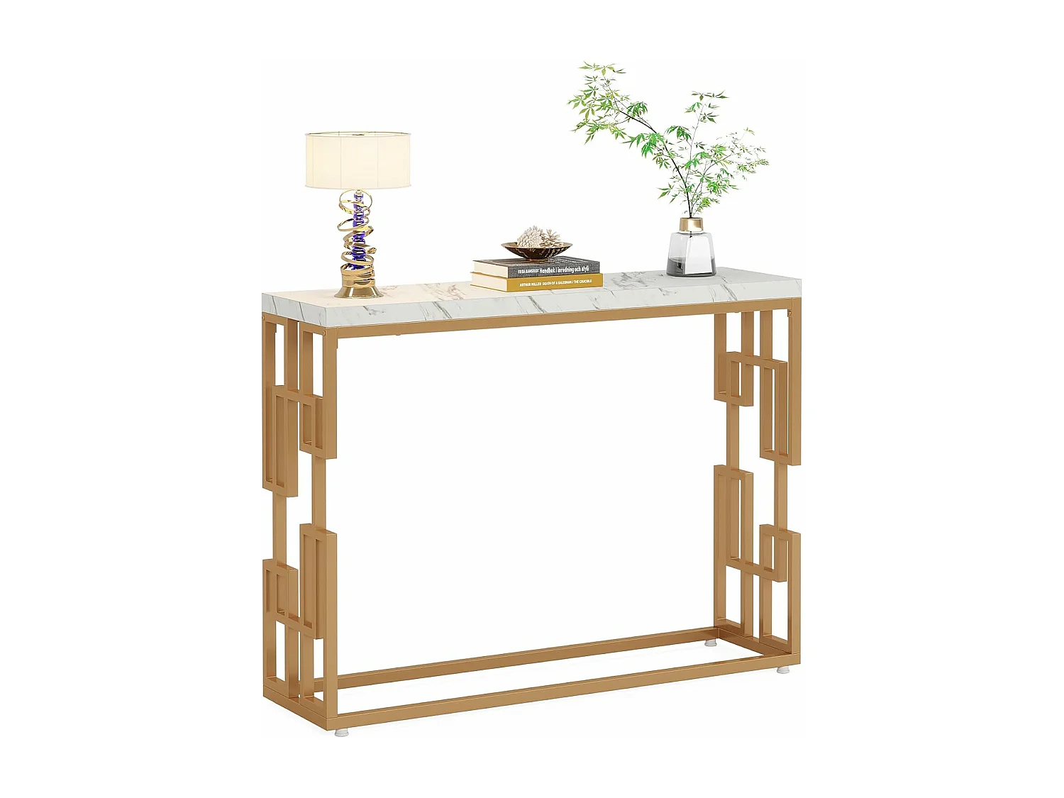 Table de Canapé Moderne en Faux Marbre Blanc, MDF Table d'Entrée avec Pieds en Métal Doré pour Salon